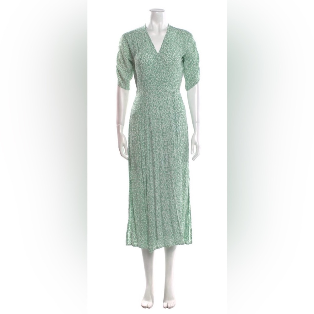 Faithfull the Brand Mint Green Floral Midi Dress with V-Neck